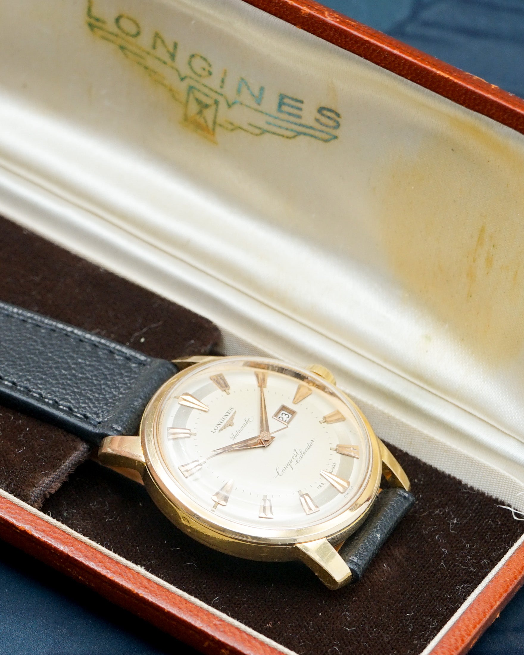1950s Longines Conquest Calendar in yellow gold with box