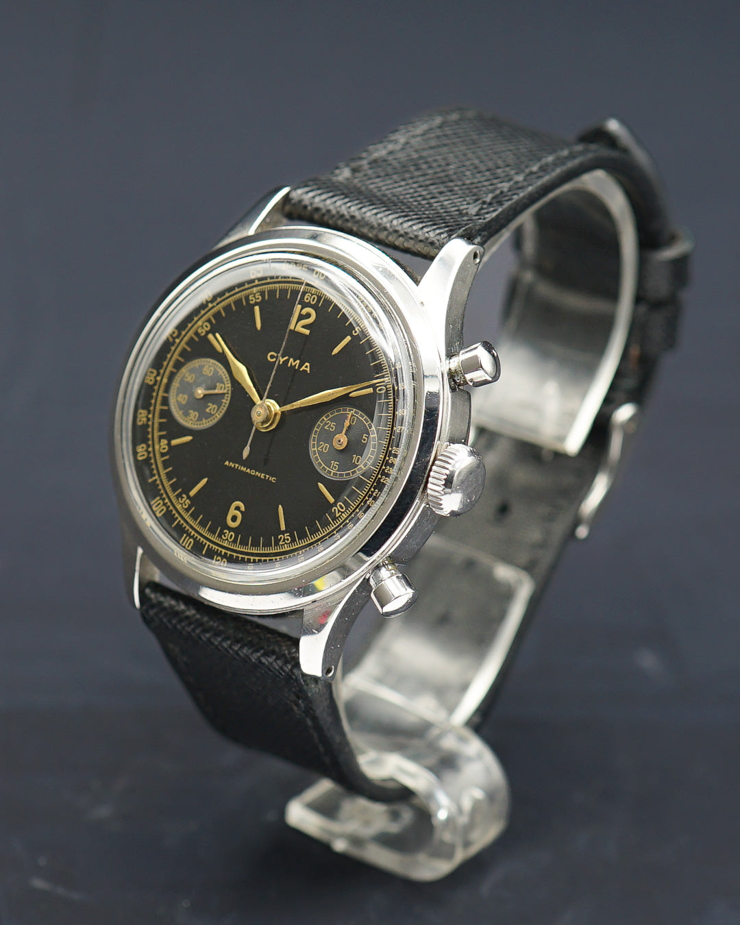 1940s Cyma oversized clamshell chronograph with Valjoux 22