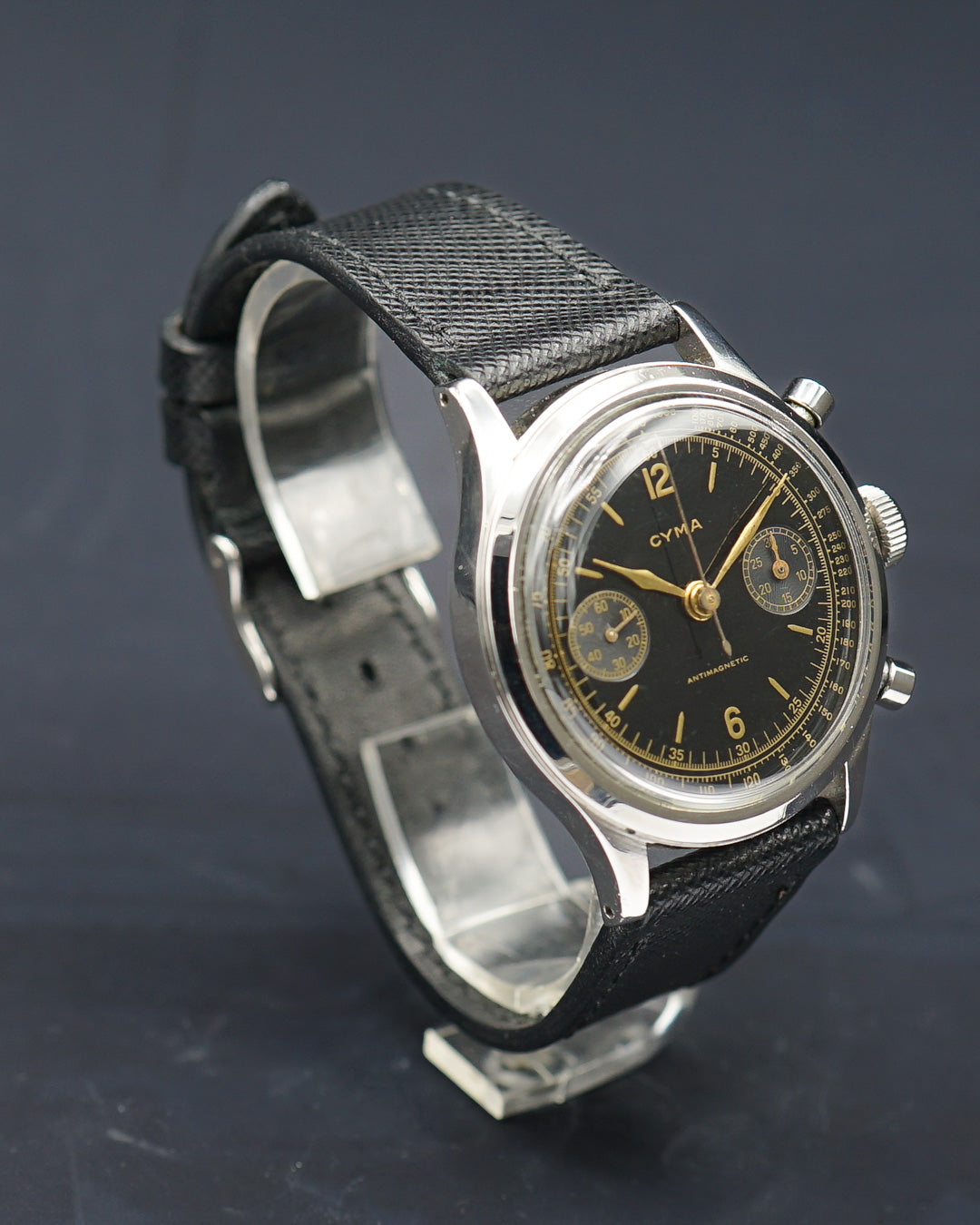 1940s Cyma oversized clamshell chronograph with Valjoux 22