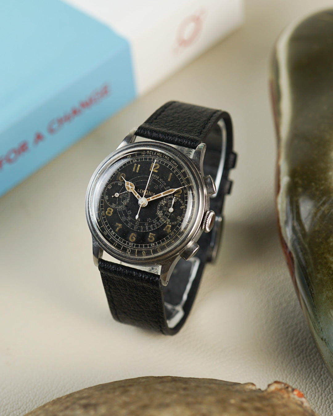 Chronographe Lemania – cadran tachymètre en colimaçon au radium, calibre 15TL