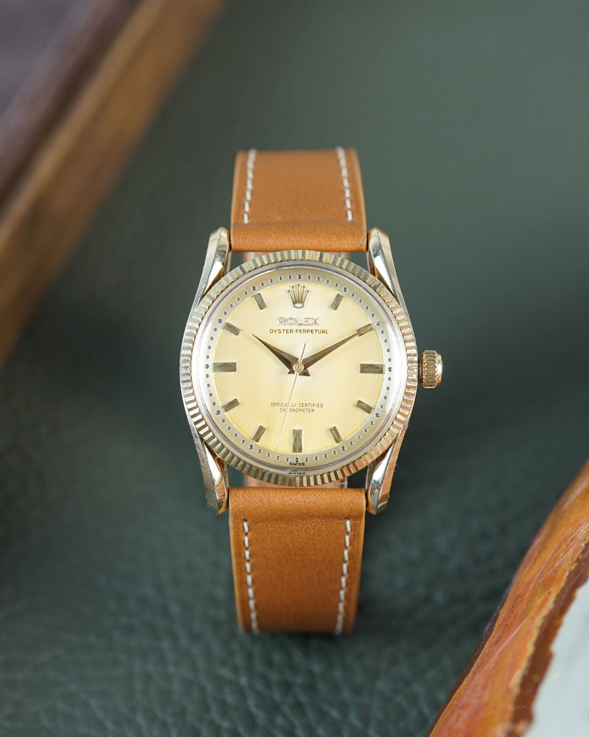 Rolex Oyster Perpetual reference 6593 in yellow gold — waffle dial, exceptional condition