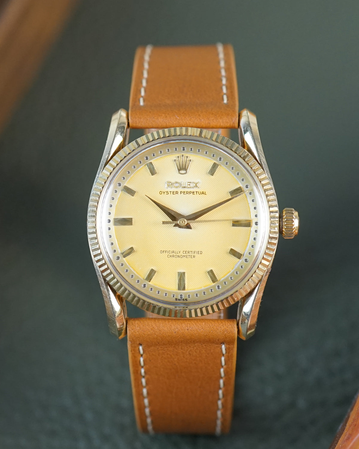 Rolex Oyster Perpetual reference 6593 in yellow gold — waffle dial, exceptional condition