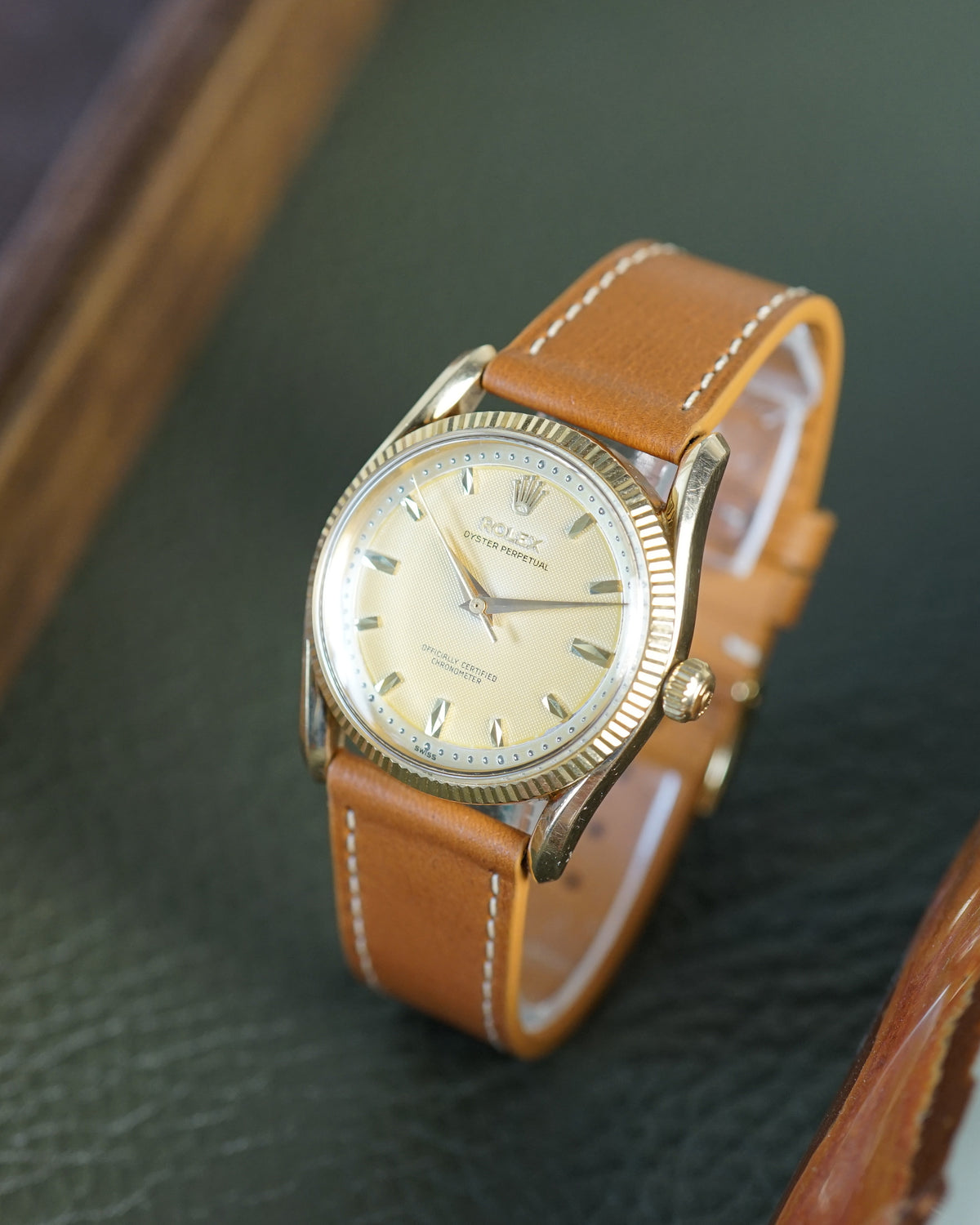 Rolex Oyster Perpetual reference 6593 in yellow gold — waffle dial, exceptional condition