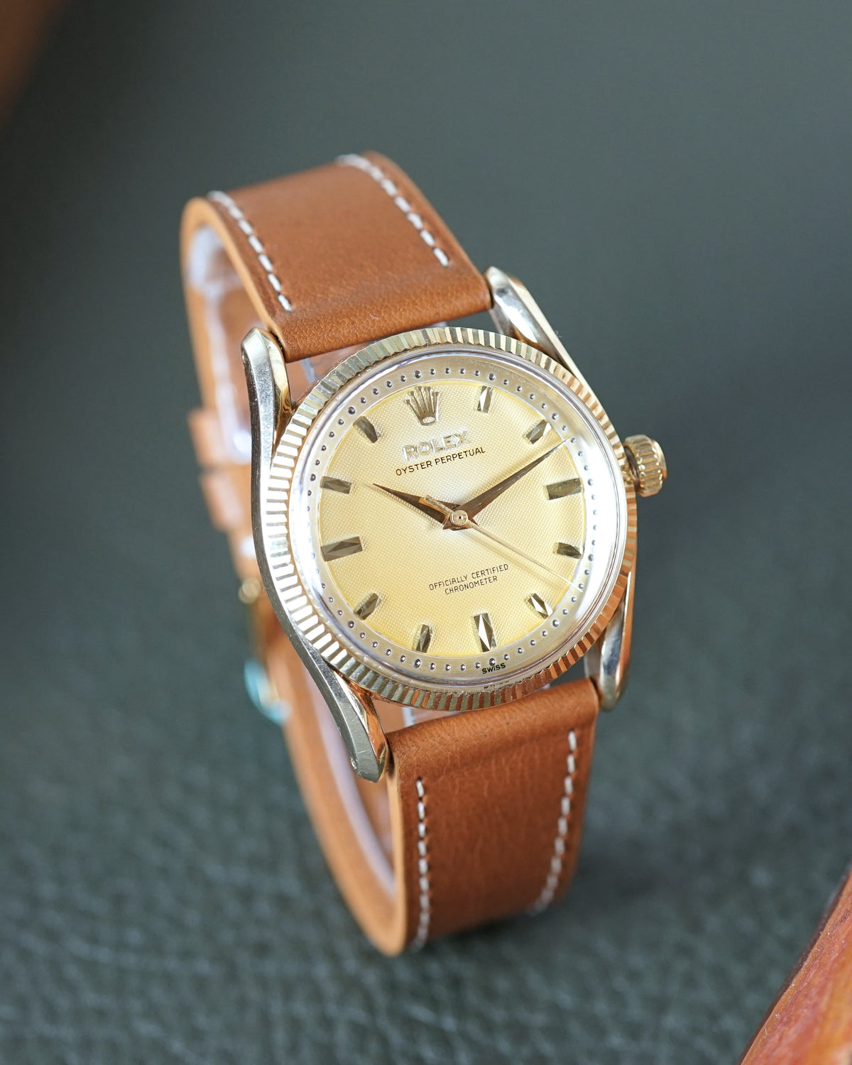 Rolex Oyster Perpetual reference 6593 in yellow gold — waffle dial, exceptional condition