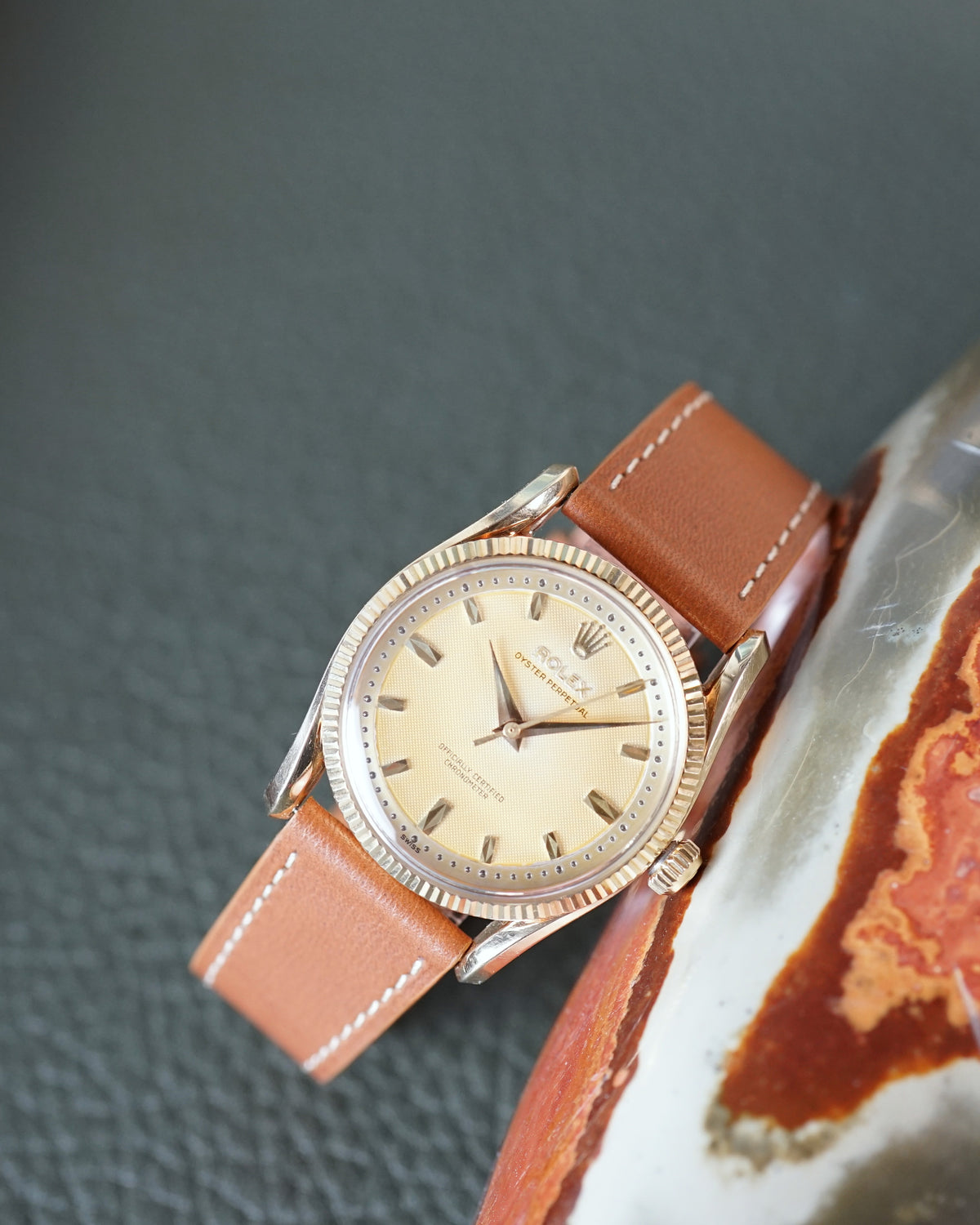 Rolex Oyster Perpetual reference 6593 in yellow gold — waffle dial, exceptional condition