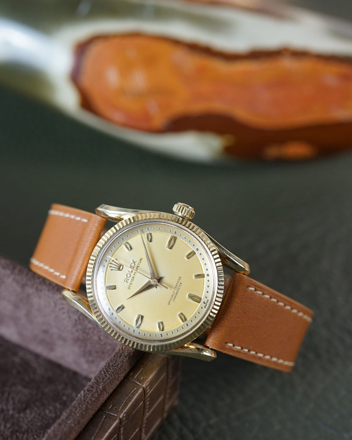 Rolex Oyster Perpetual reference 6593 in yellow gold — waffle dial, exceptional condition