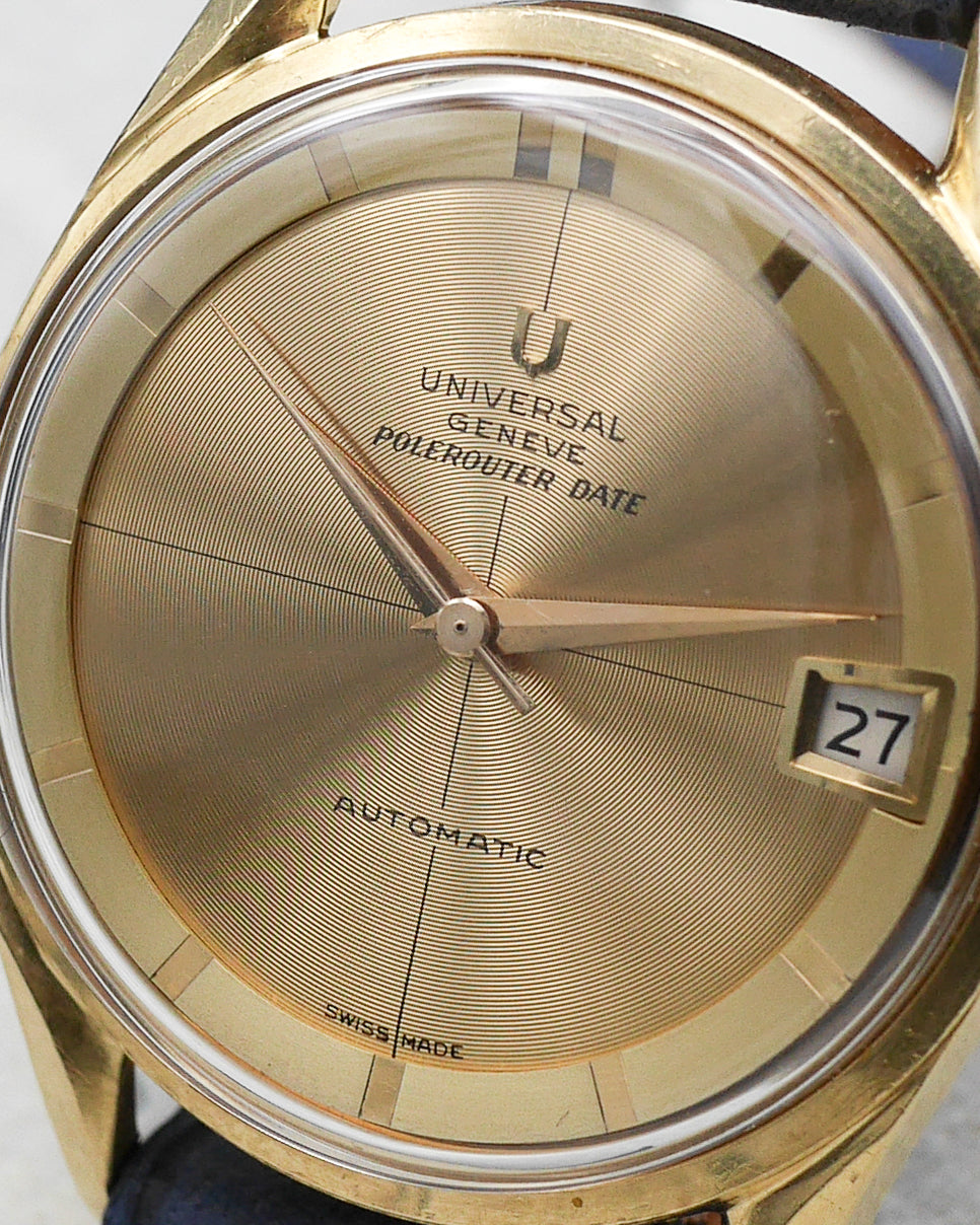 1960s Universal Geneve Polerouter in 18kt gold and rare guilloch? dial