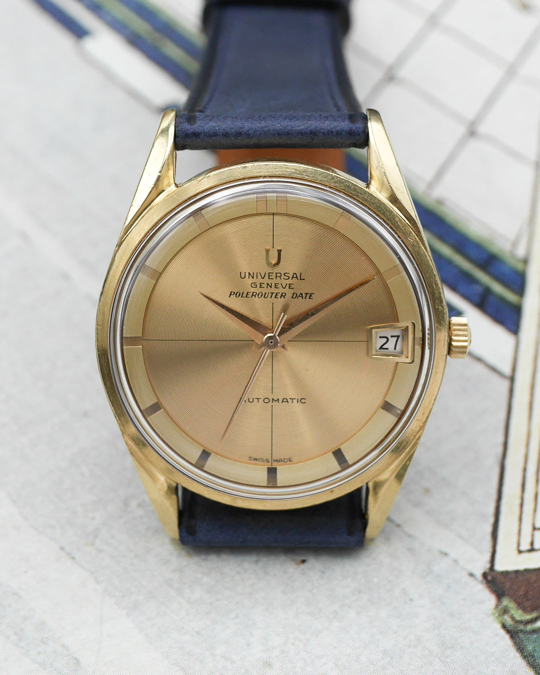 1960s Universal Geneve Polerouter in 18kt gold and rare guilloch? dial