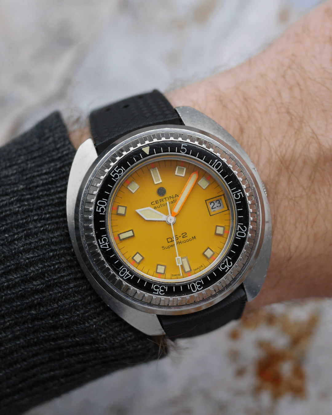 1970s Certina DS-2 SuperPH 1000M with yellow dial
