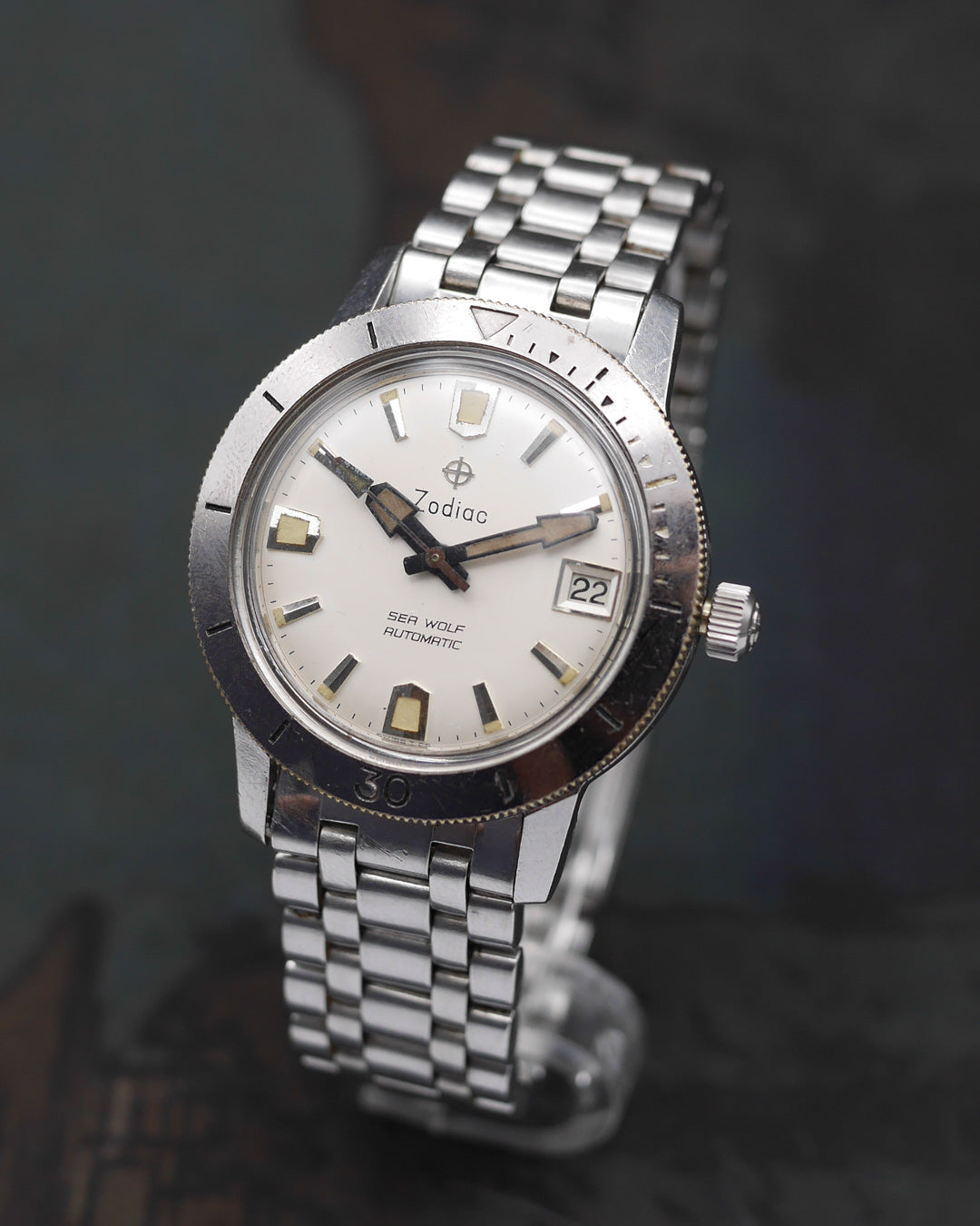 1960s Zodiac Sea Wolf date stainless steel bezel with creamy dial