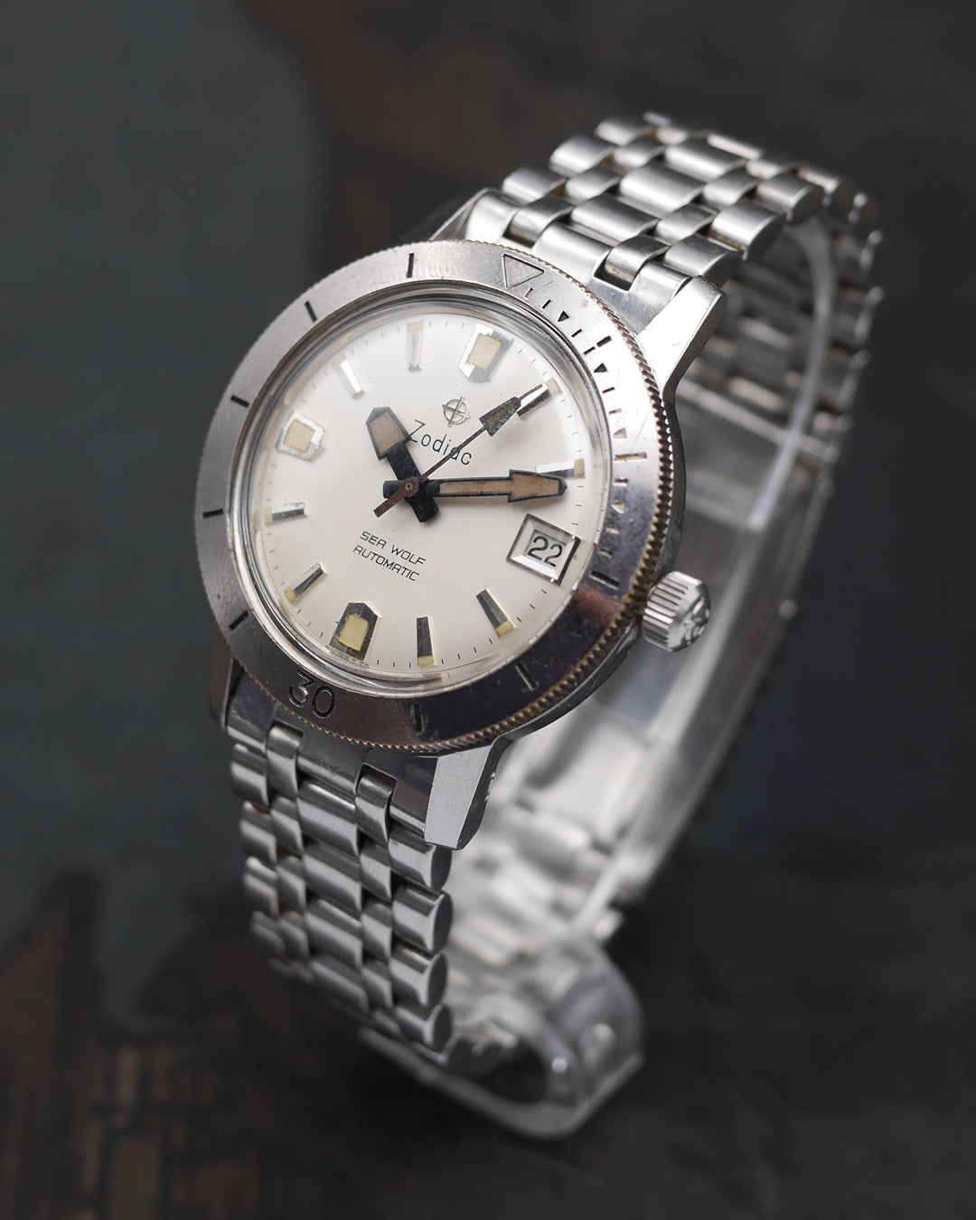 1960s Zodiac Sea Wolf date stainless steel bezel with creamy dial