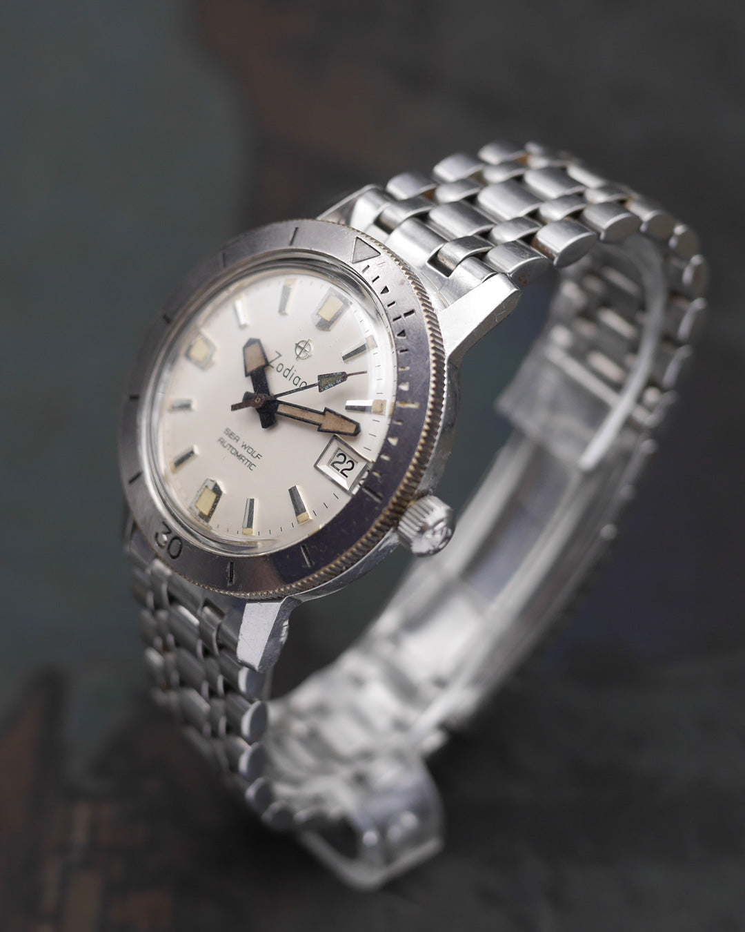 1960s Zodiac Sea Wolf date stainless steel bezel with creamy dial