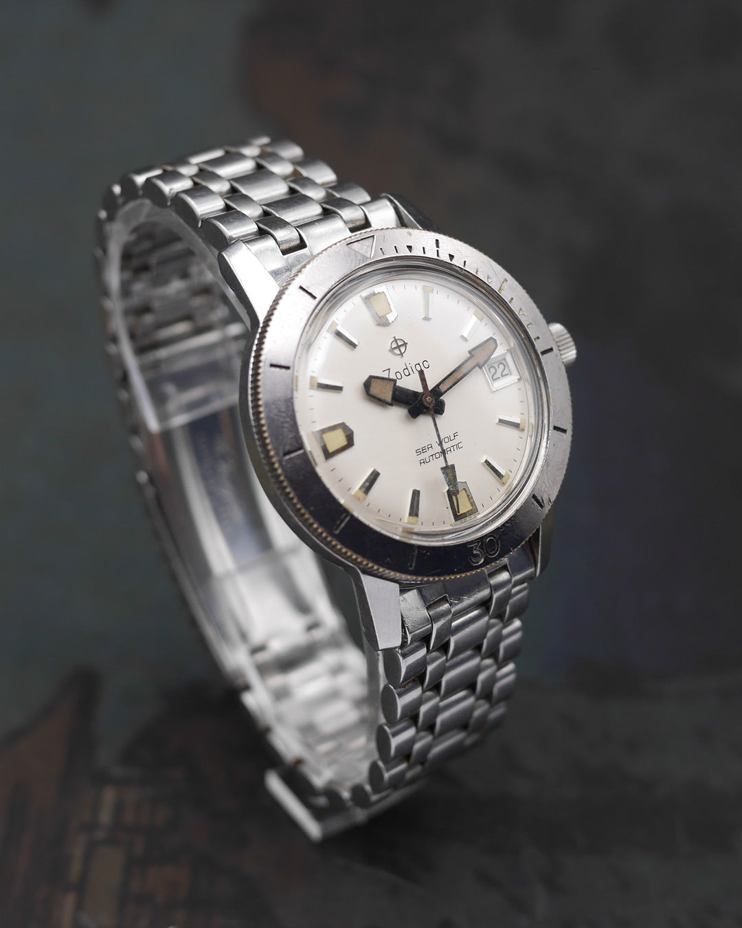 1960s Zodiac Sea Wolf date stainless steel bezel with creamy dial