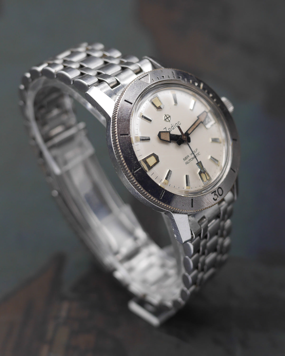 1960s Zodiac Sea Wolf date stainless steel bezel with creamy dial