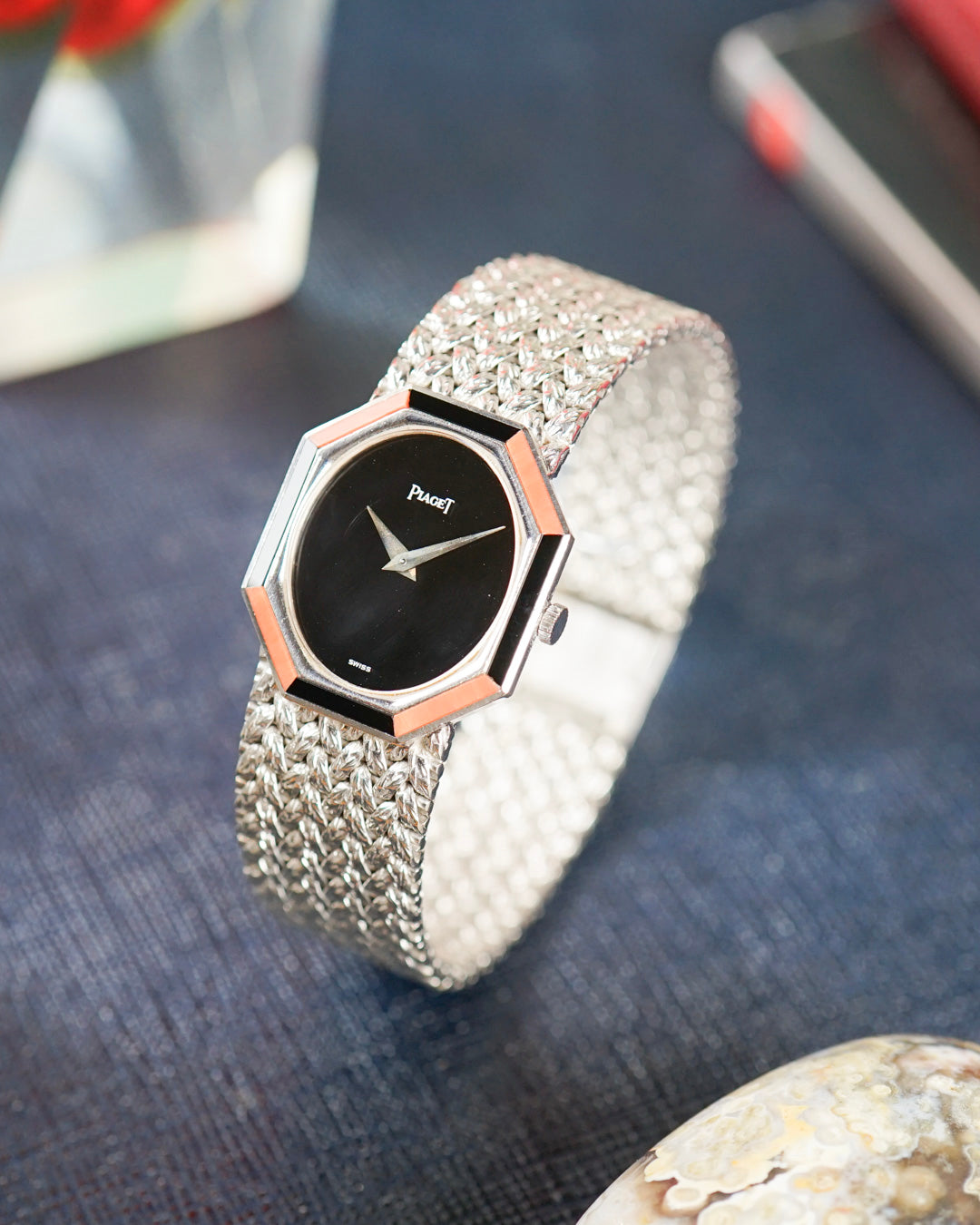 Piaget White Gold lady's watch with Coral and Onyx