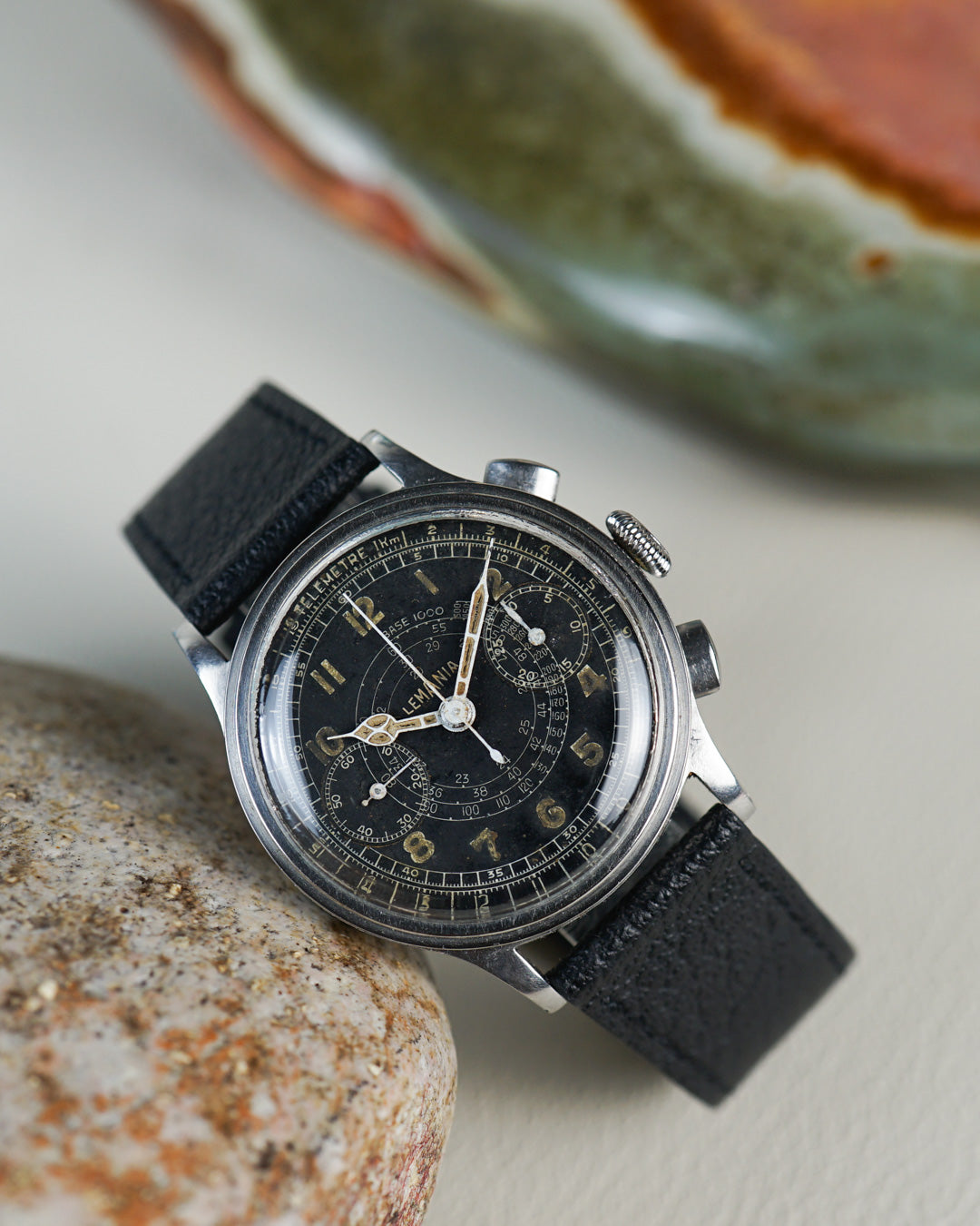 Lemania Chronograph — radium snail tachymeter dial, calibre 15TL