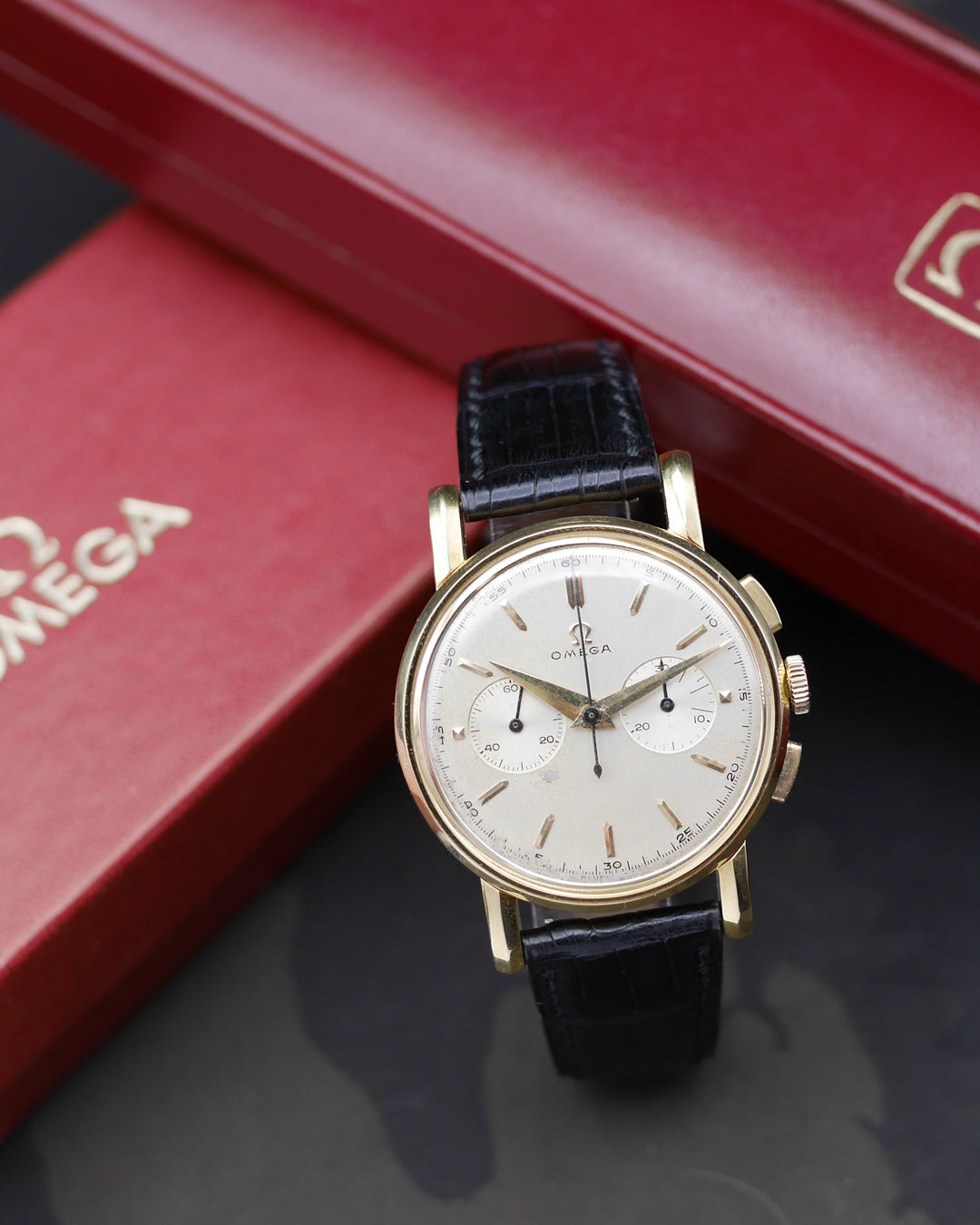 1950s Omega Chronograph in Yellow Gold with original box