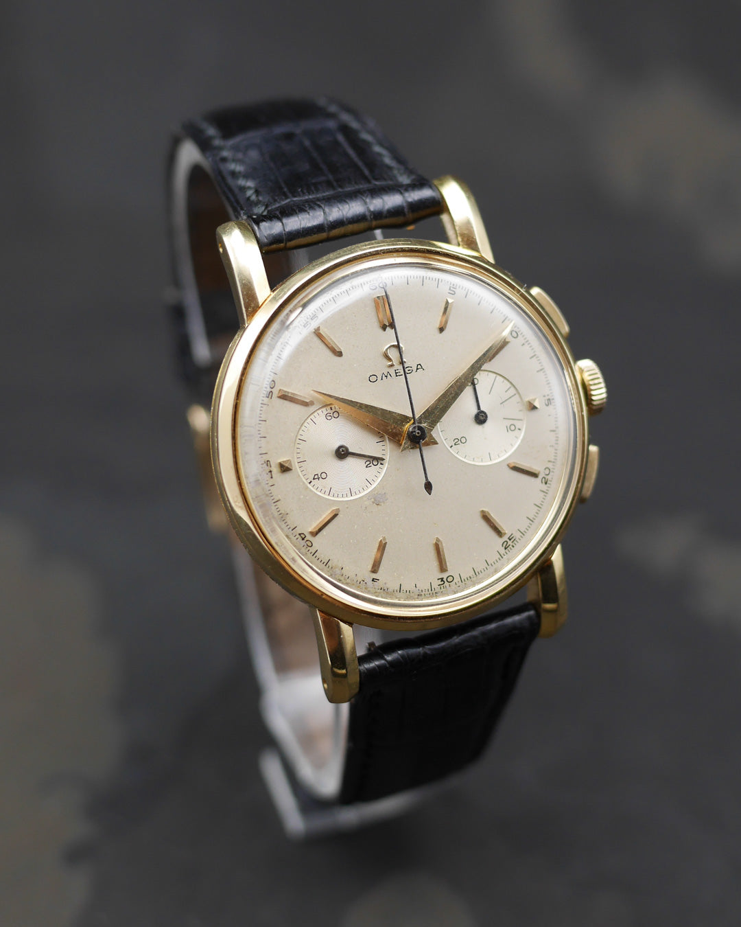 1950s Omega Chronograph in Yellow Gold with original box