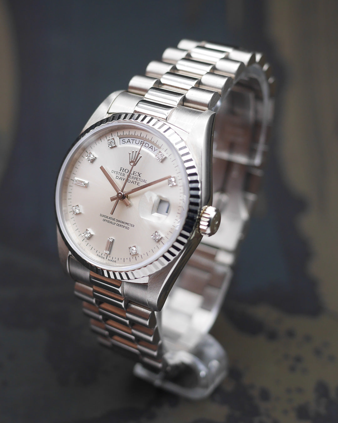 1996 Rolex Day-Date ref. 18239 in white gold with diamond indexes