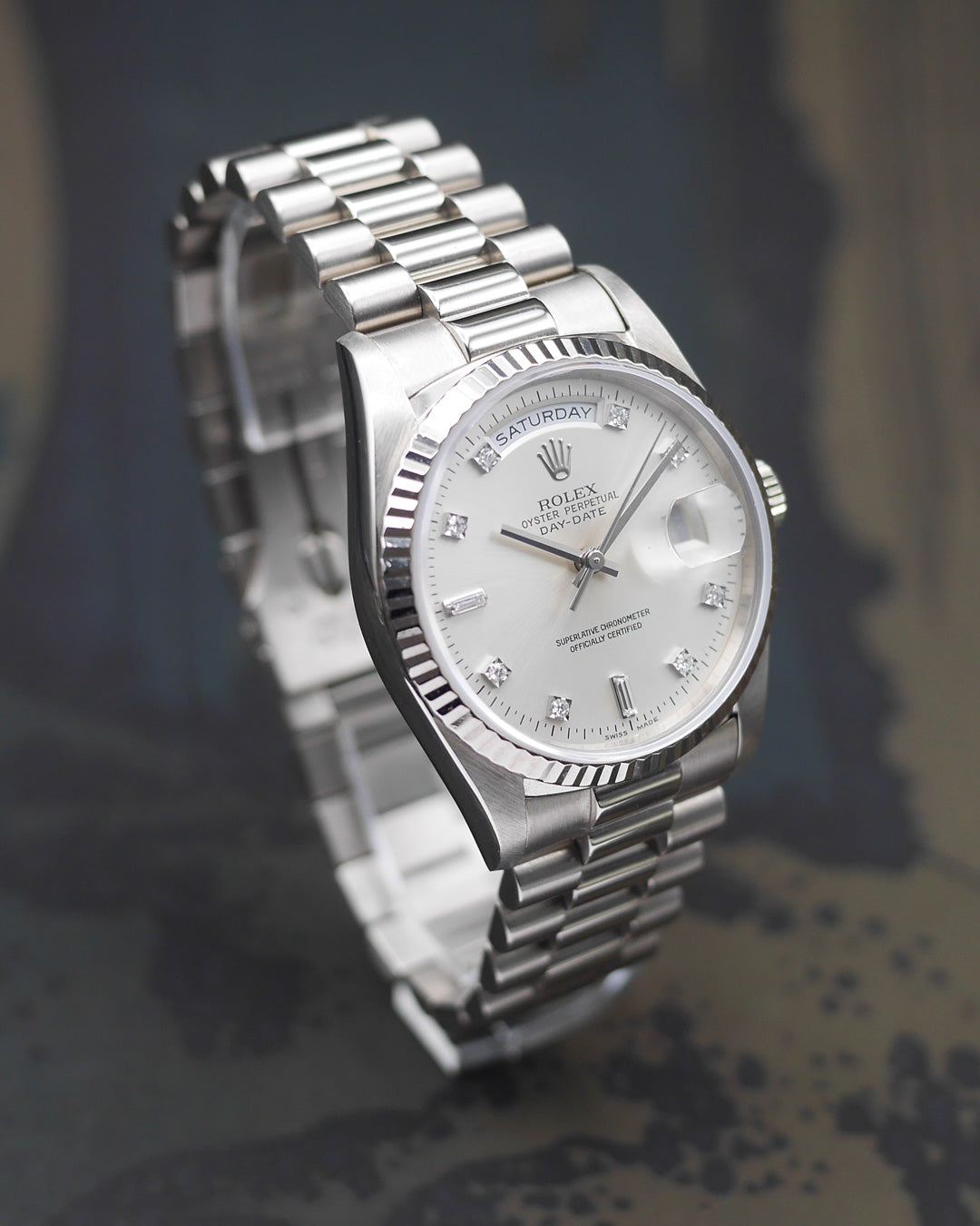 1996 Rolex Day-Date ref. 18239 in white gold with diamond indexes