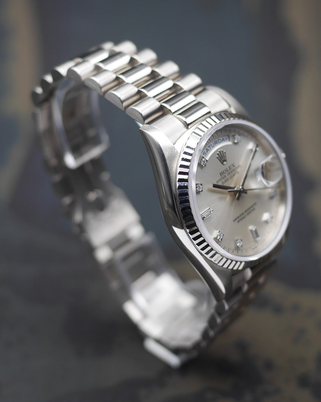 1996 Rolex Day-Date ref. 18239 in white gold with diamond indexes