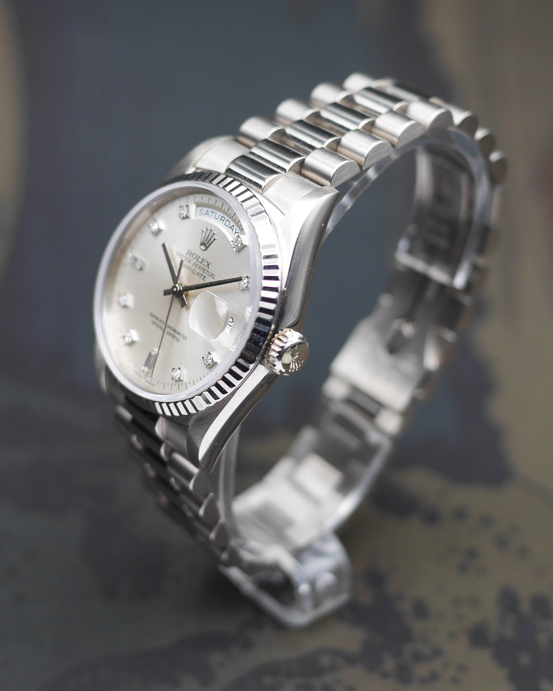 1996 Rolex Day-Date ref. 18239 in white gold with diamond indexes