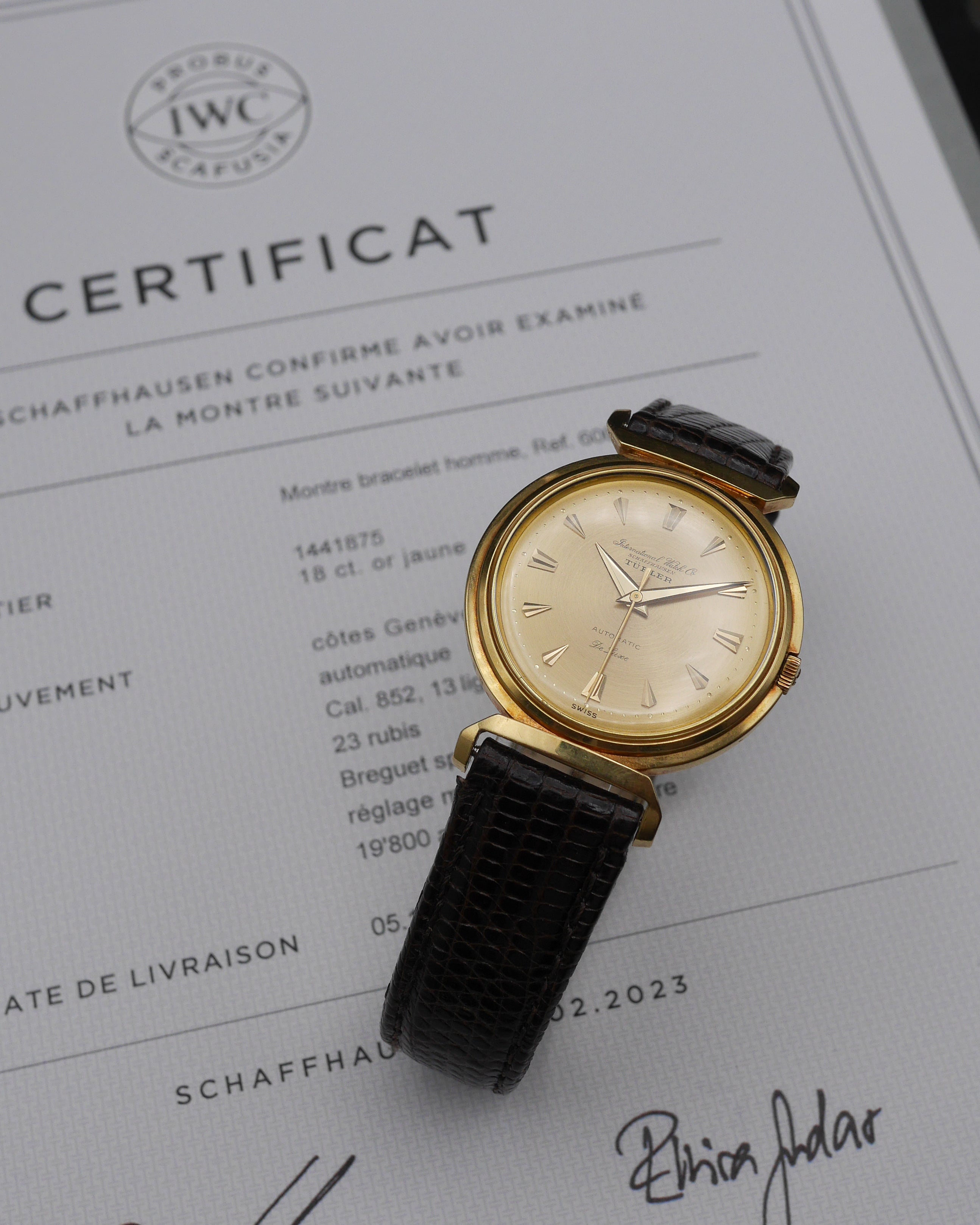 1958 IWC De Luxe "Flying Lugs" double signed Türler with its Certificate
