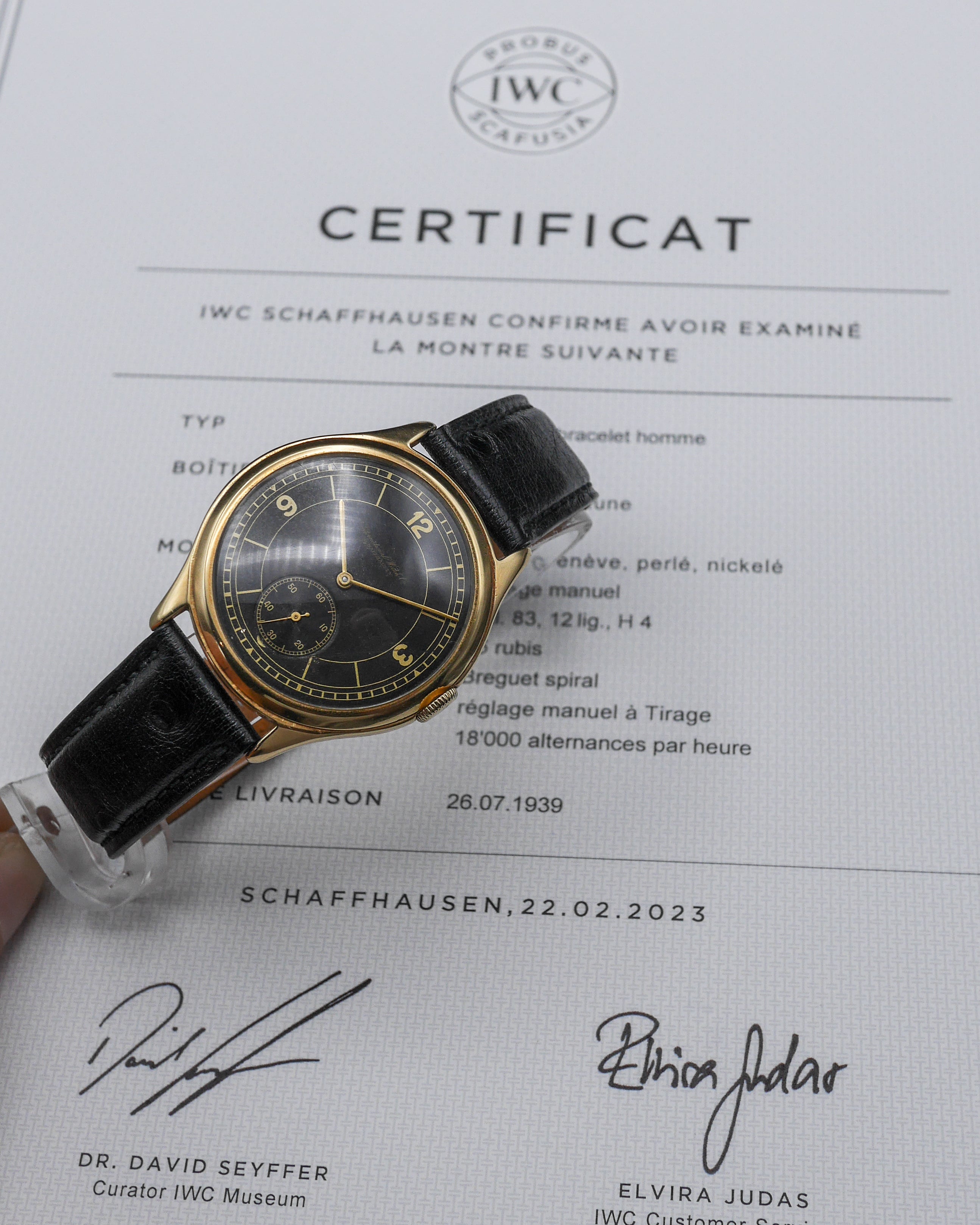 1939 IWC "Hermet" sector & gilt dial with its certificat of authenticity