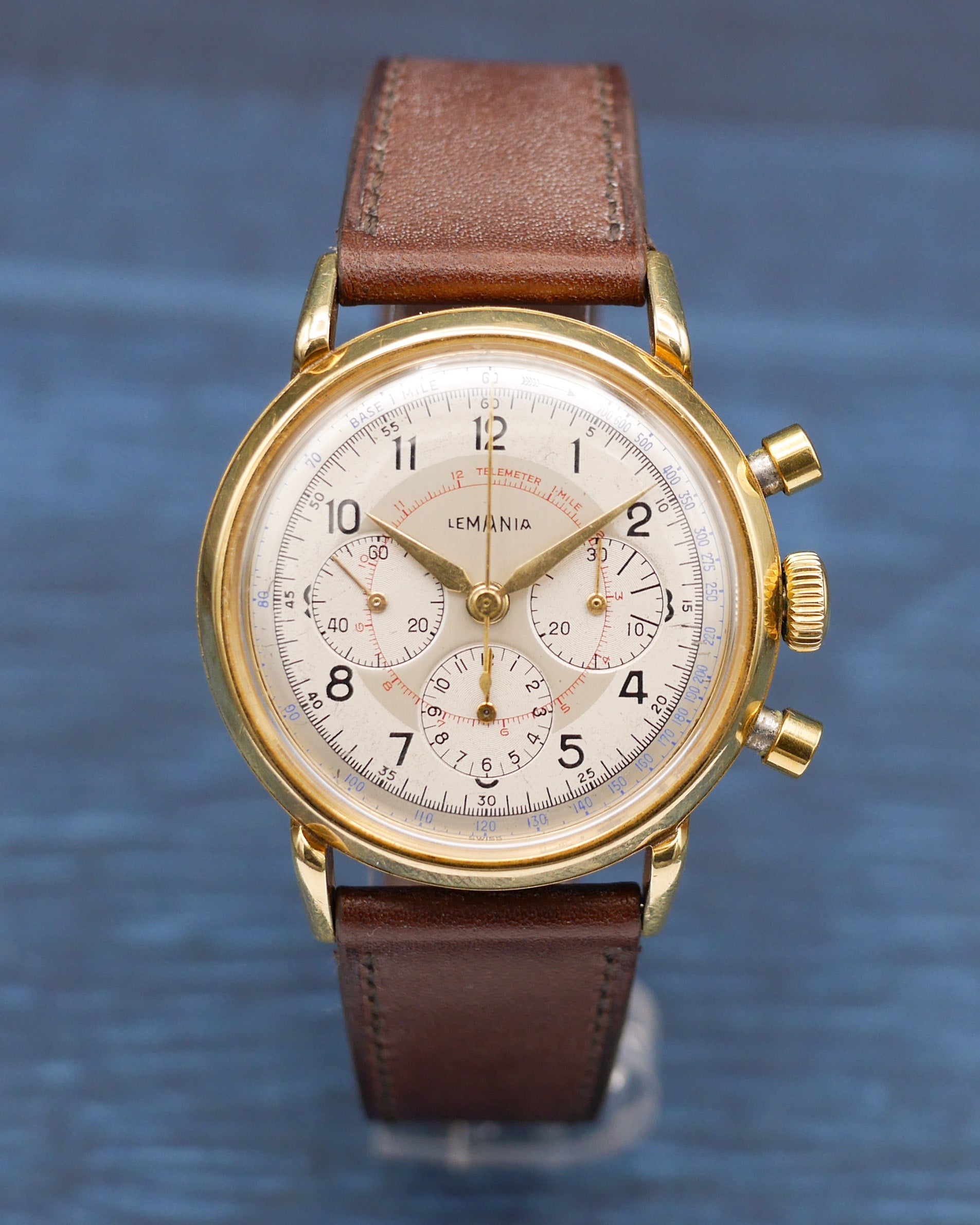1950s Lemania chronograph dual tone dial in yellow gold