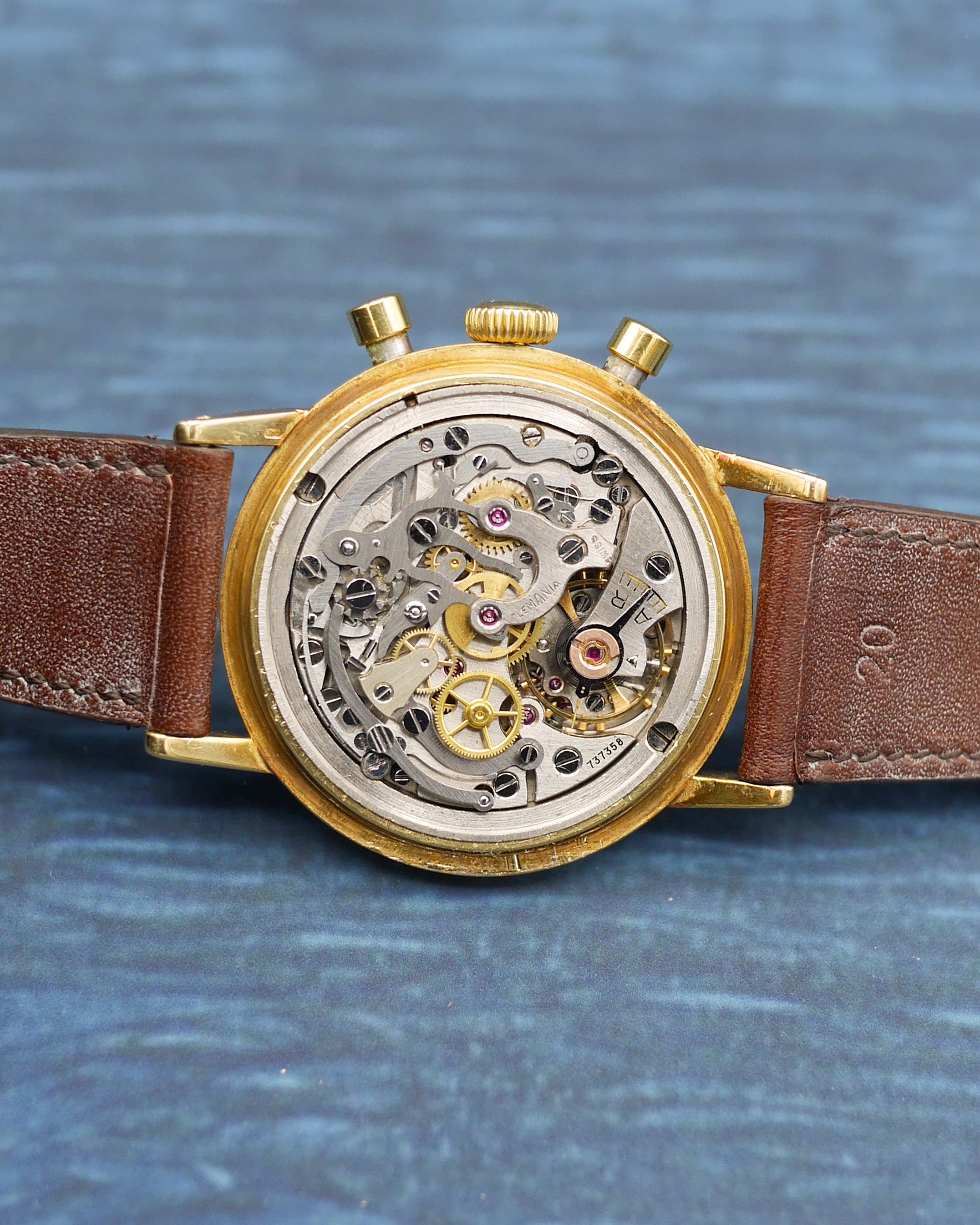 1950s Lemania chronograph dual tone dial in yellow gold
