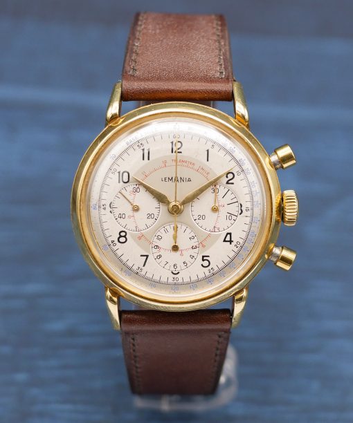 1950s Lemania chronograph dual tone dial in yellow gold